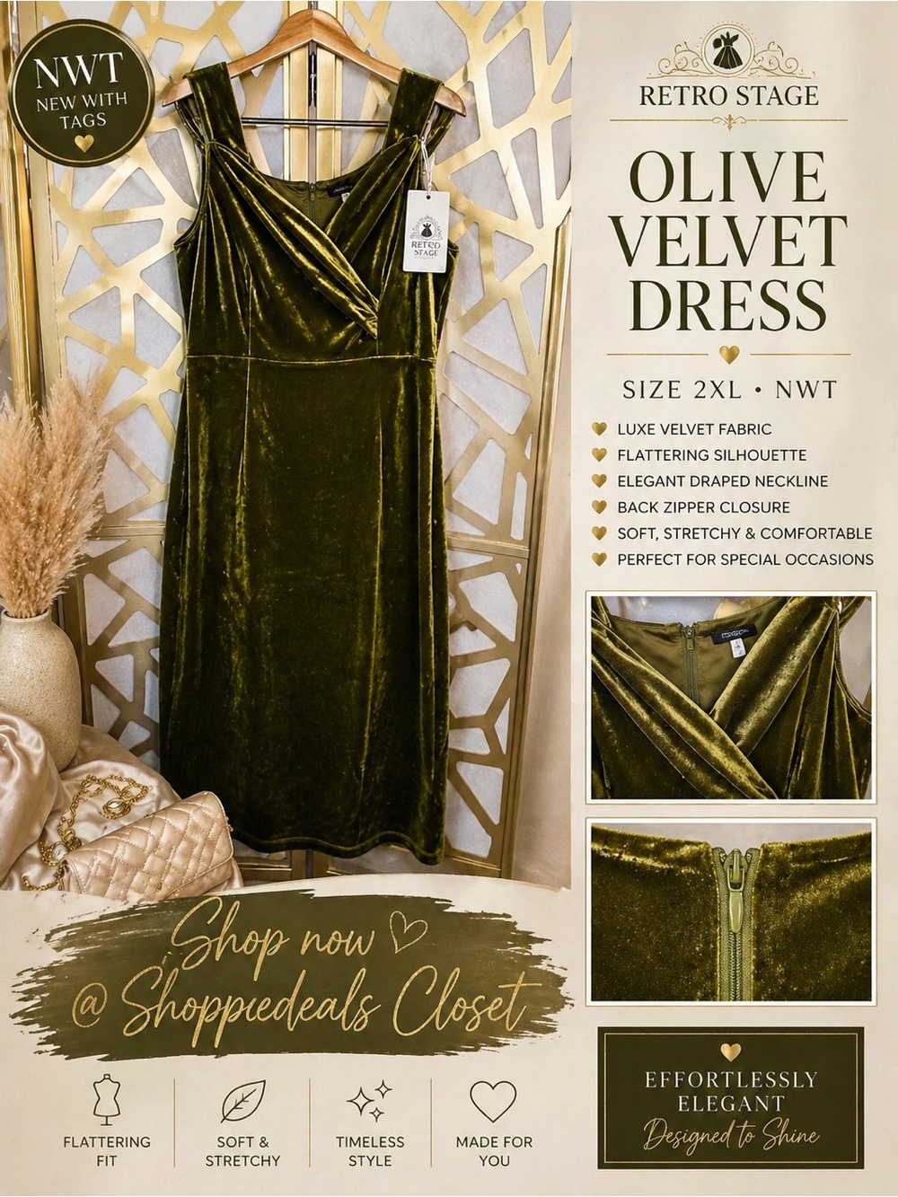 Retro Stage Olive Green Velvet Dress NWT Size 2XL Midi Glam